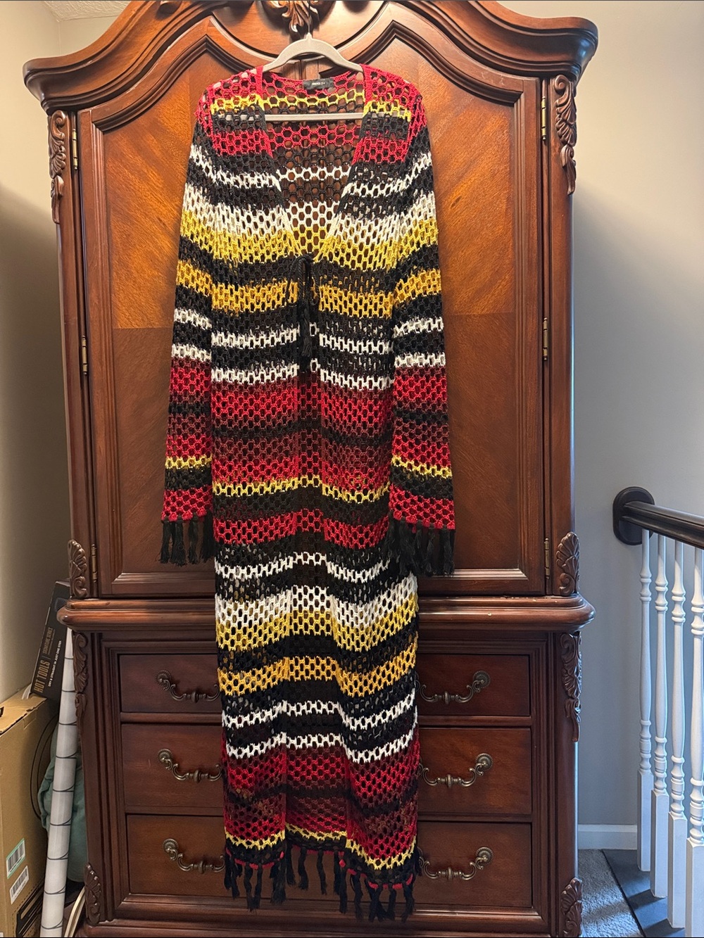 Forever 21 Open-Knit Fringe Maxi Skirt in Red, Black, White & Yellow
